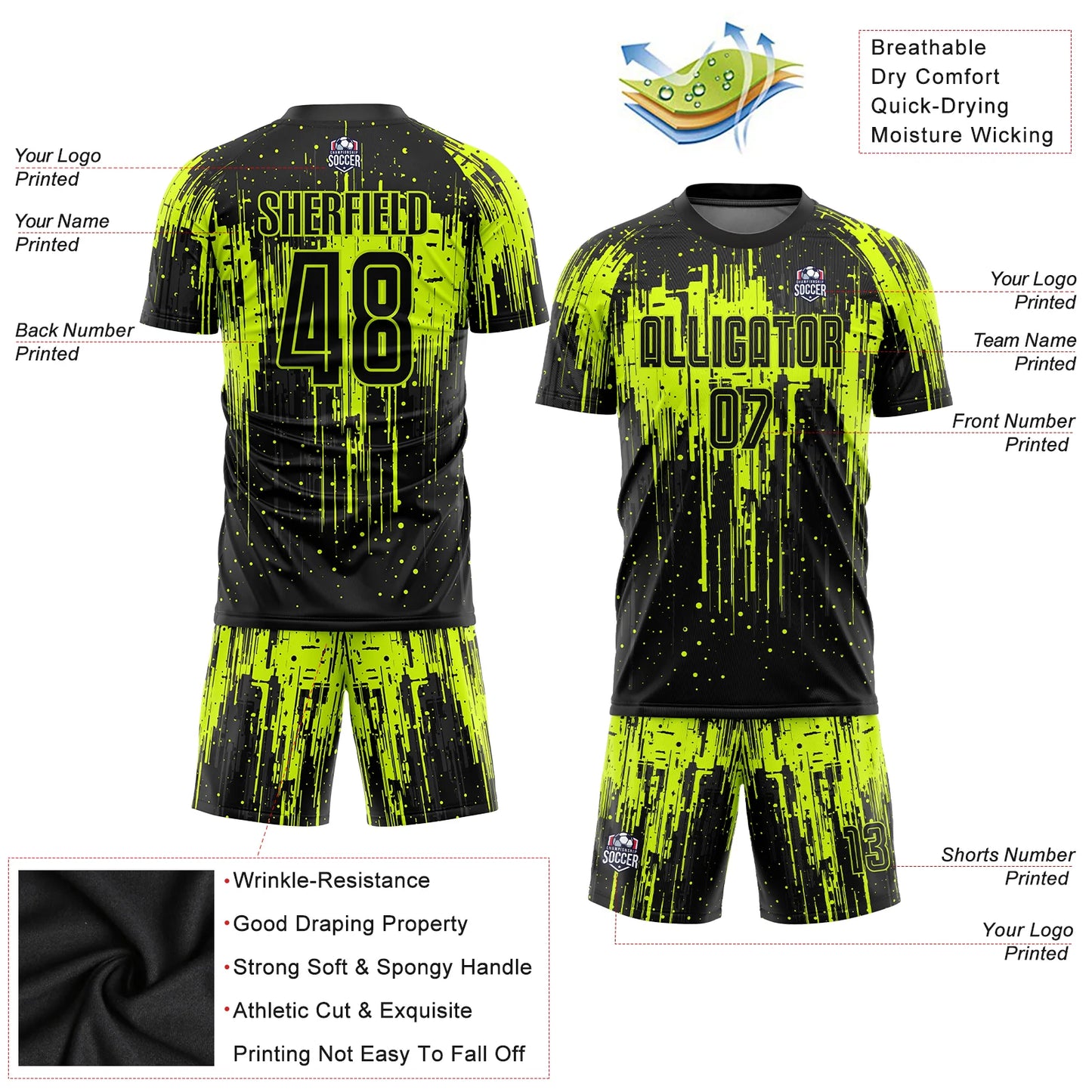 Custom Neon Green Black Sublimation Soccer Uniform Jersey image 1