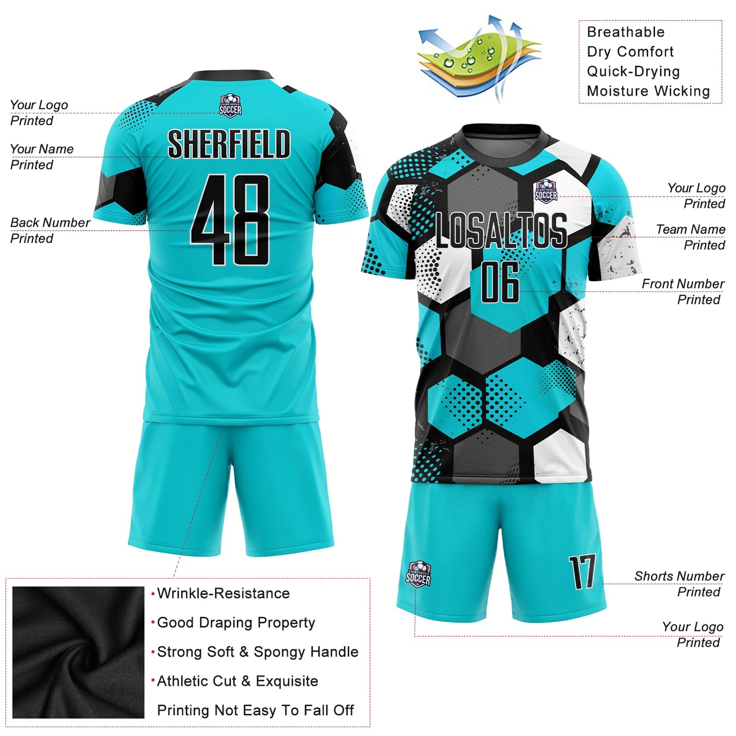 Custom Aqua Black-White Sublimation Soccer Uniform Jersey image 1