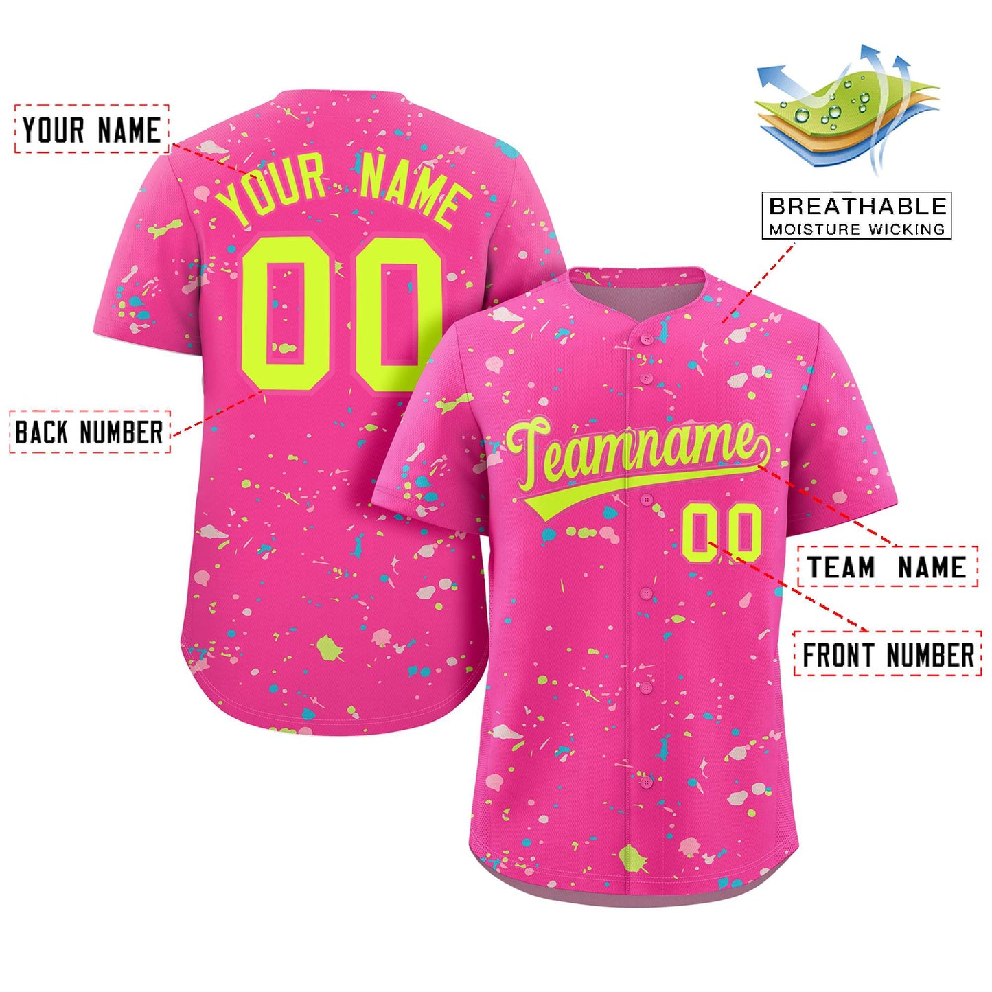 Custom Pink Neon Green Splash Graffiti Pattern Authentic Baseball Jersey image 1