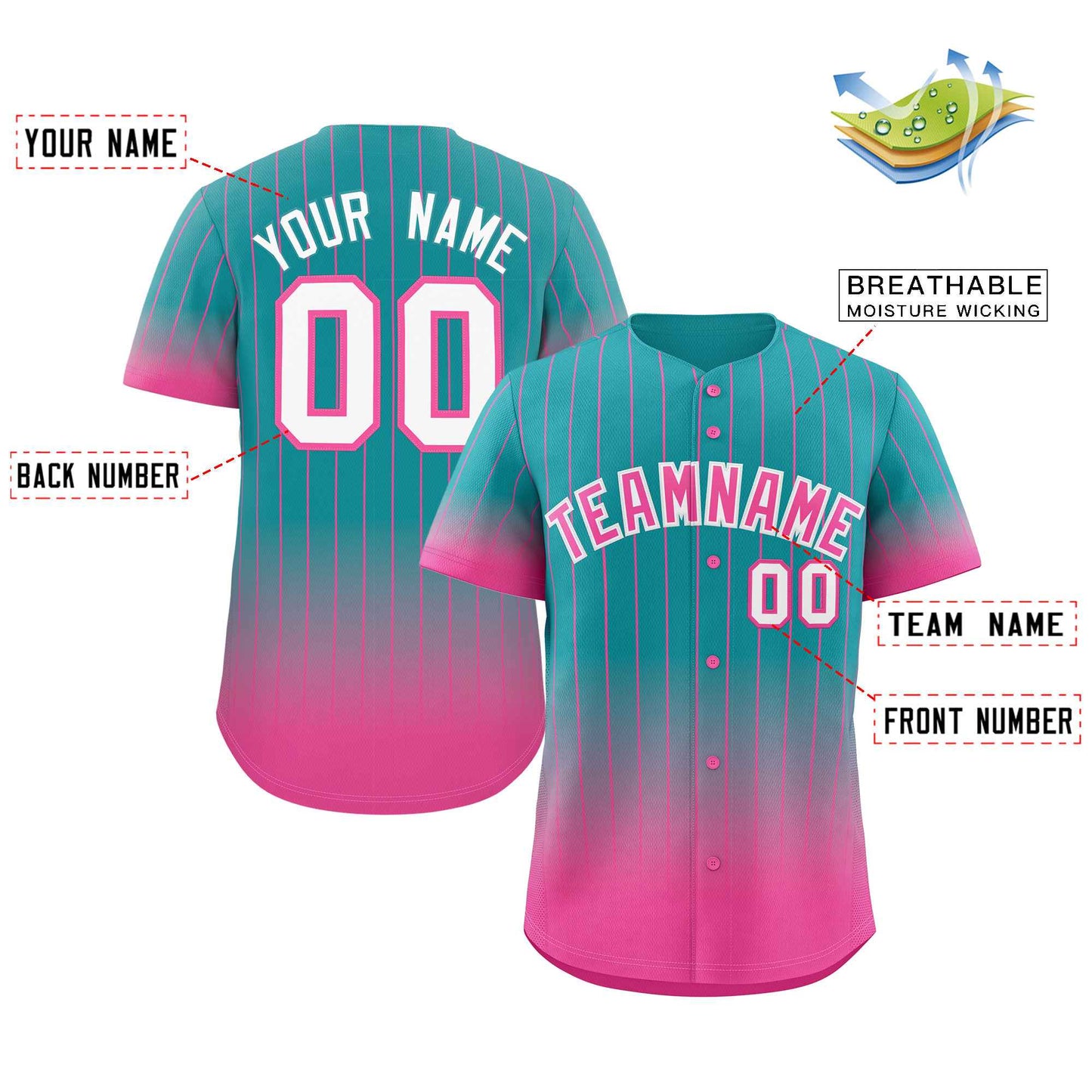 Custom Aqua Pink-White Gradient Stripe Fashion Authentic Baseball Jersey image 1