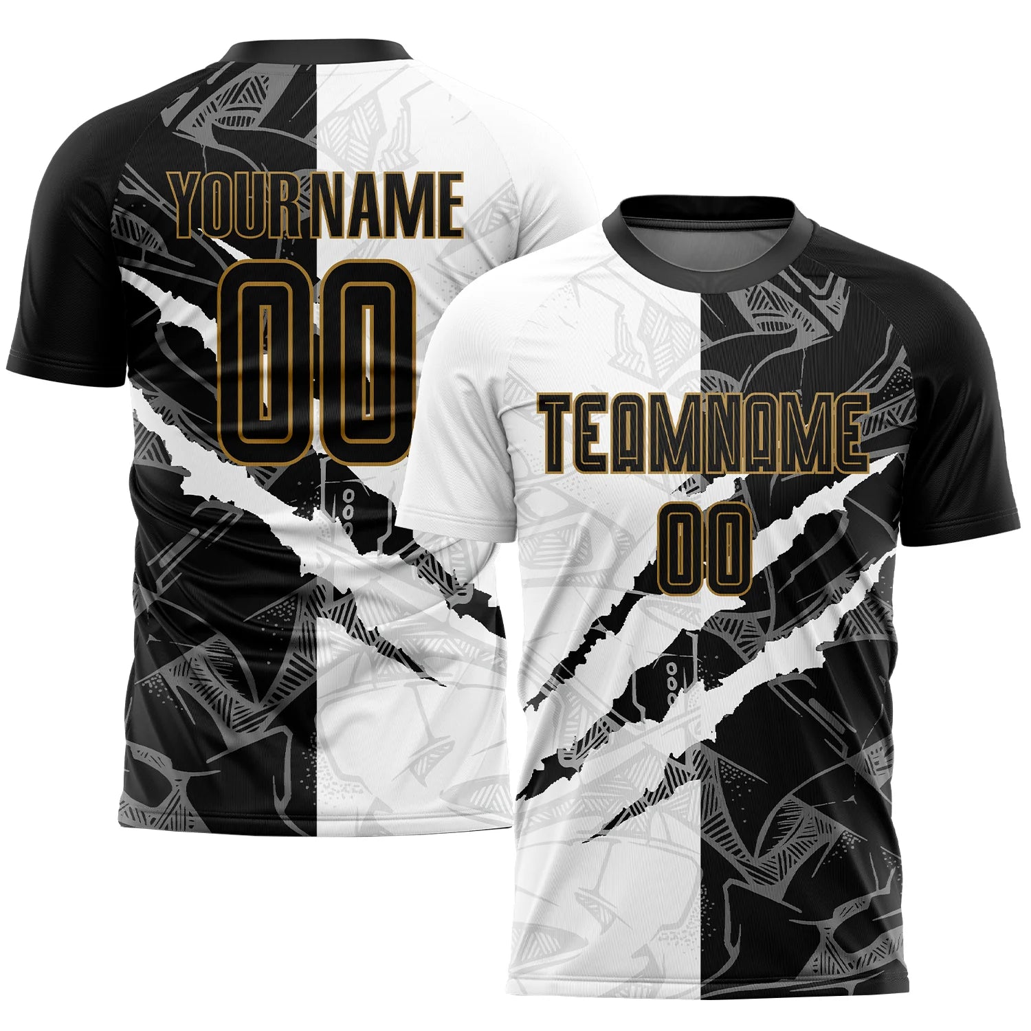 Custom Graffiti Pattern Black-Old Gold Sublimation Soccer Uniform Jersey image 0