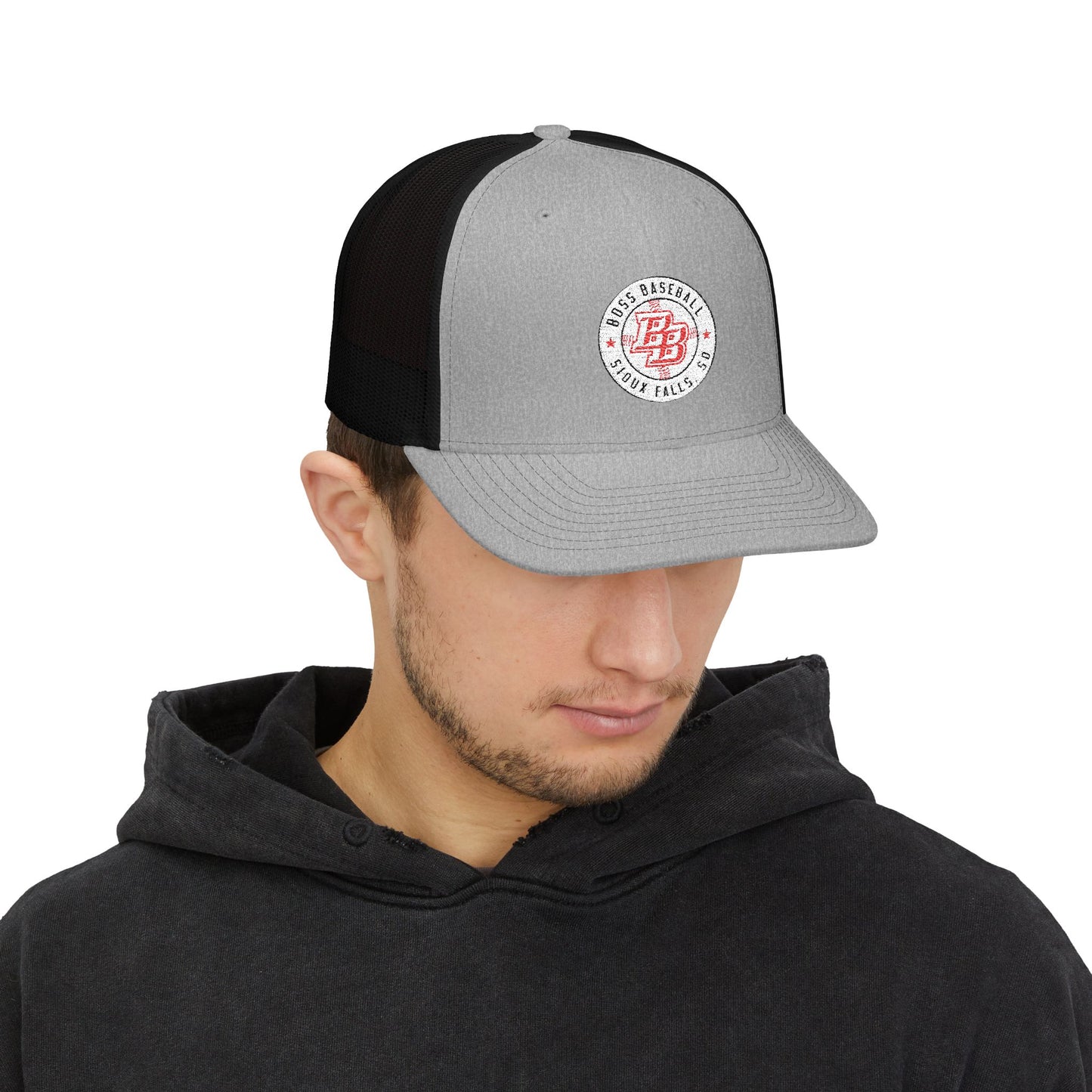 Embroidered Trucker Cap — Vintage Red Badge Snapback