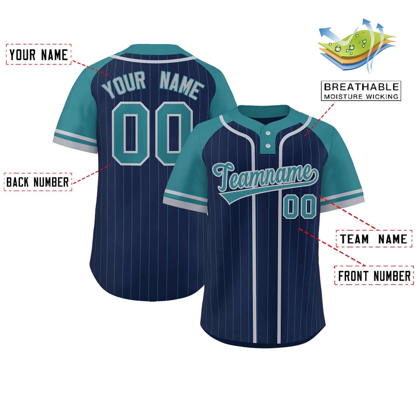 Custom Navy Aqua-Gray Stripe Fashion Raglan Sleeves Authentic Two-Button Baseball Jersey image 1