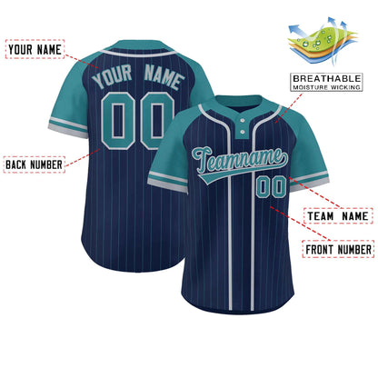 Custom Navy Aqua-Gray Stripe Fashion Raglan Sleeves Authentic Two-Button Baseball Jersey image 1