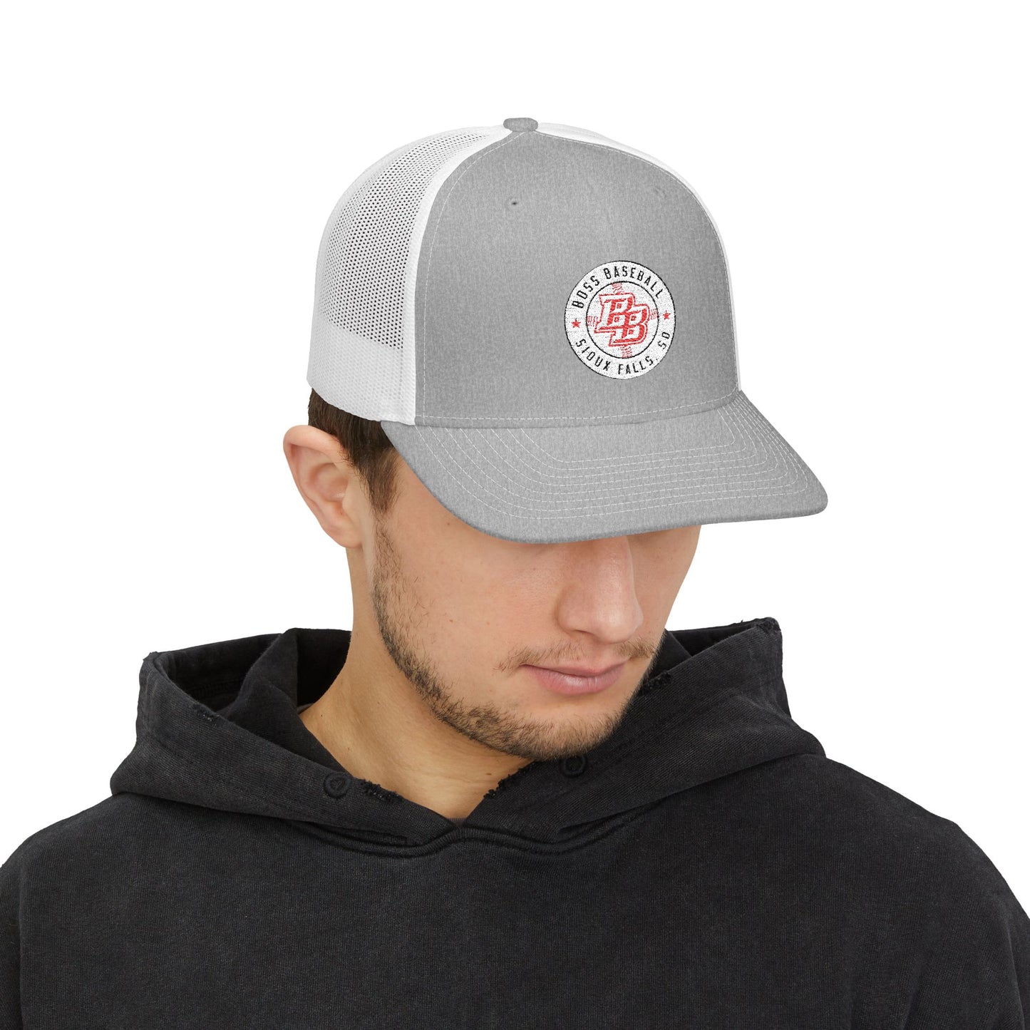Embroidered Trucker Cap — Vintage Red Badge Snapback