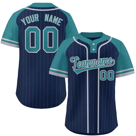 Custom Navy Aqua-Gray Stripe Fashion Raglan Sleeves Authentic Two-Button Baseball Jersey image 0
