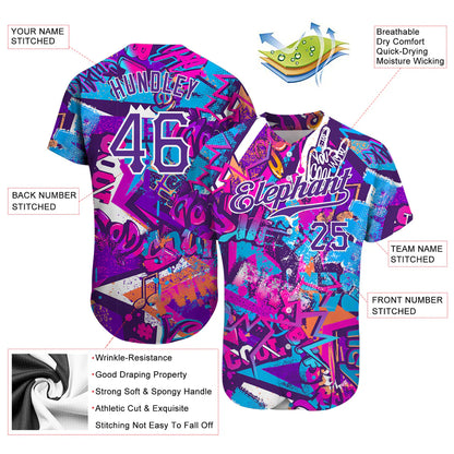 Custom Graffiti Words Pattern White-Purple 3D Authentic Baseball Jersey image 1