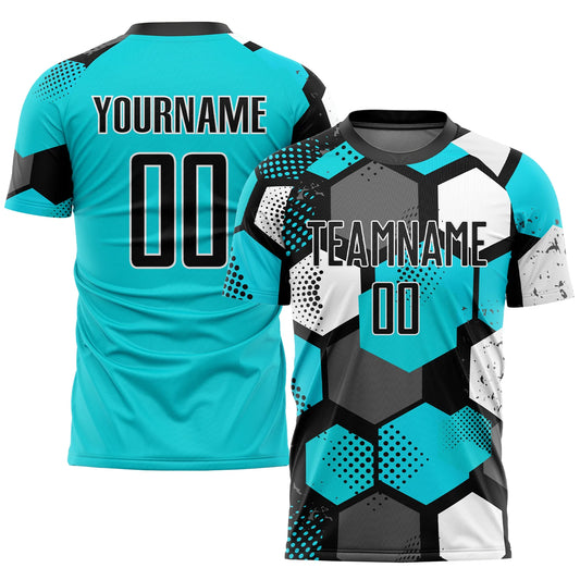 Custom Aqua Black-White Sublimation Soccer Uniform Jersey image 0