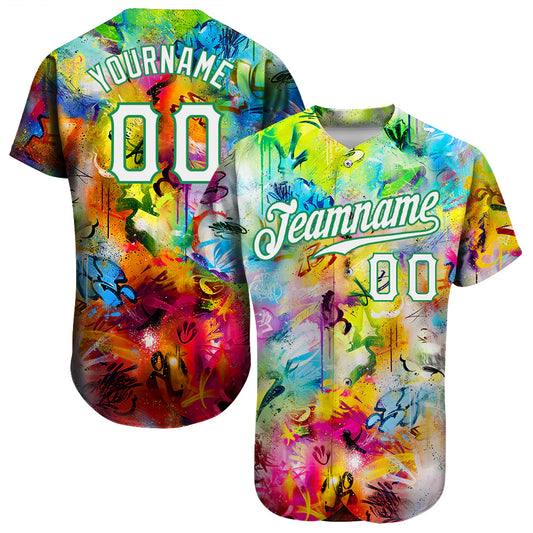 Custom Scratch Graffiti Pattern White-Kelly Green 3D Authentic Baseball Jersey image 0