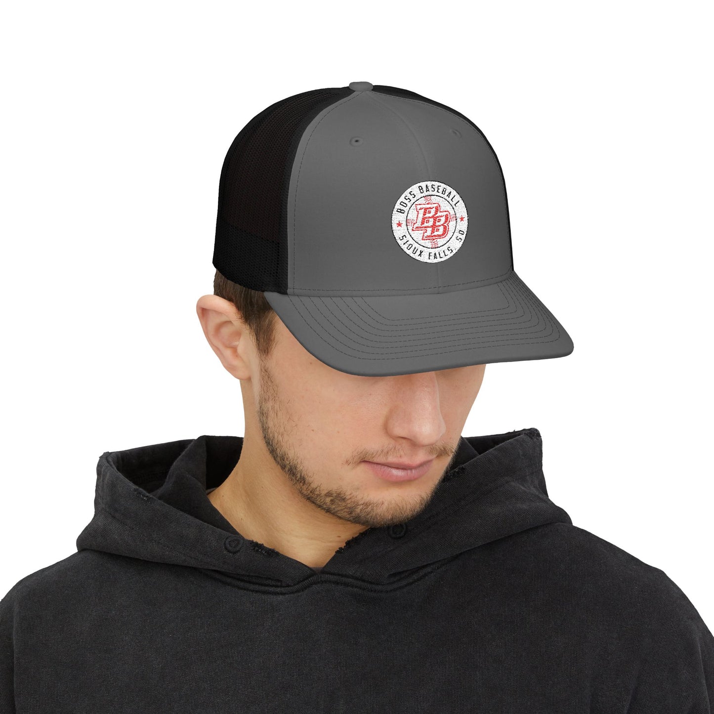 Embroidered Trucker Cap — Vintage Red Badge Snapback