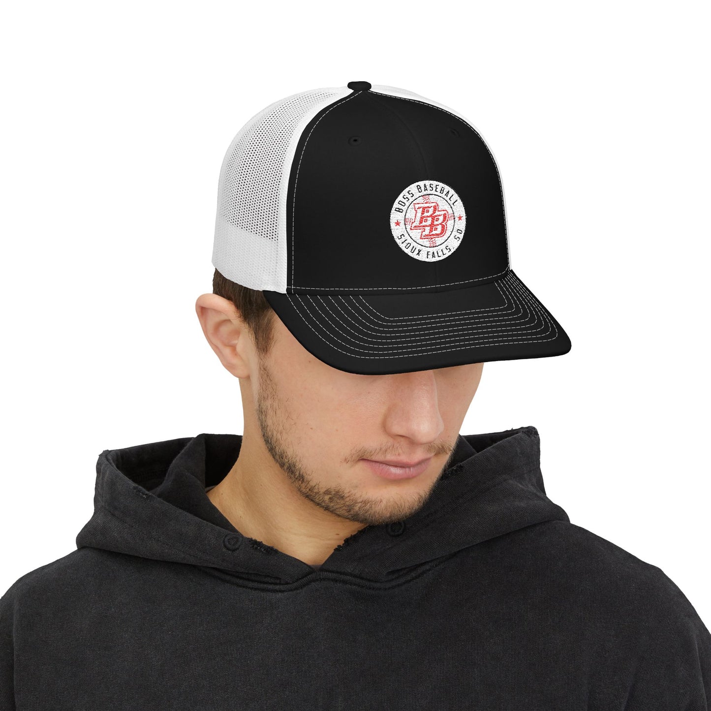 Embroidered Trucker Cap — Vintage Red Badge Snapback