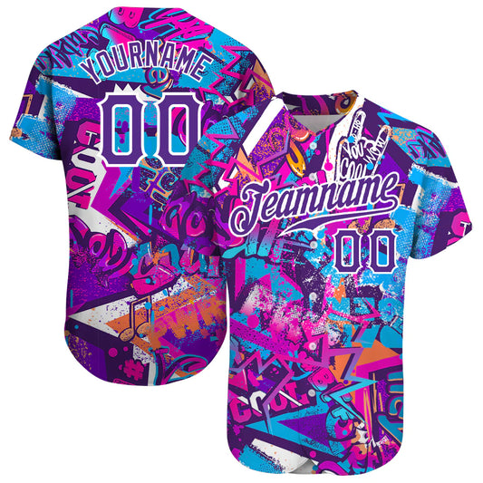 Custom Graffiti Words Pattern White-Purple 3D Authentic Baseball Jersey image 0